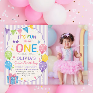 Stripes It's Fun To Be One Colorful Birthday Photo Invitation