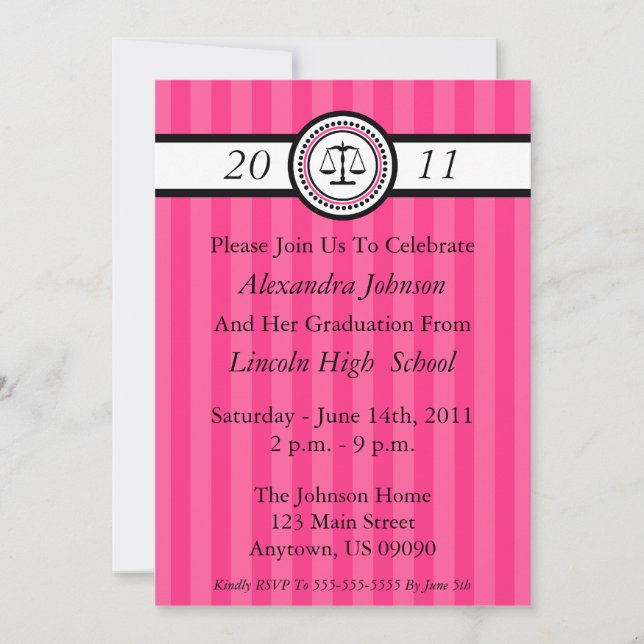 Stripes Law School Graduation Invitations Hot Pink (Front)