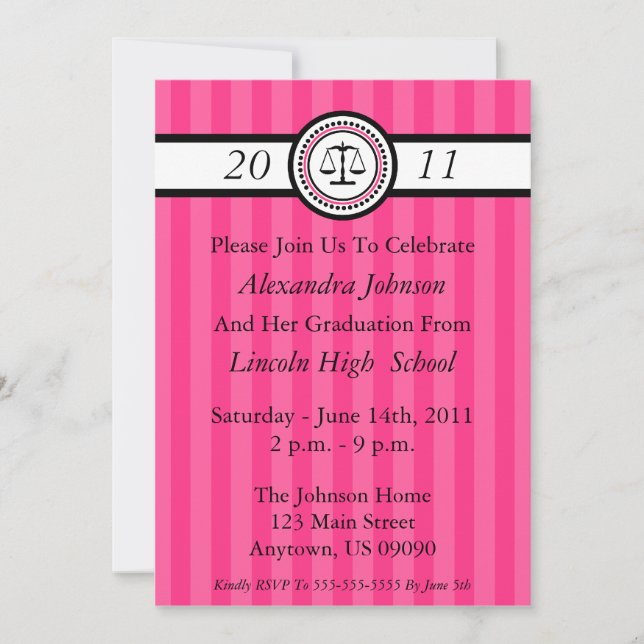 Stripes Law School Graduation Invitations Hot Pink (Front)