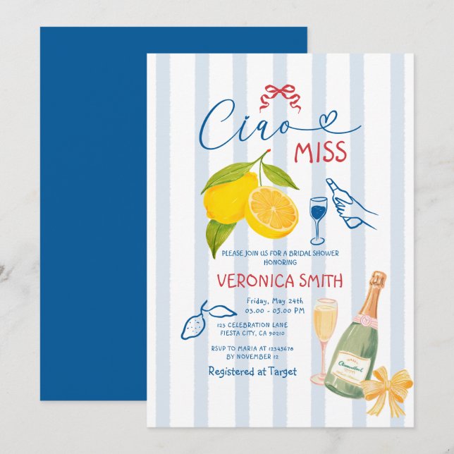 Stripes Lemon Blue Italy Ciao Bridal Shower Invitation (Front/Back)
