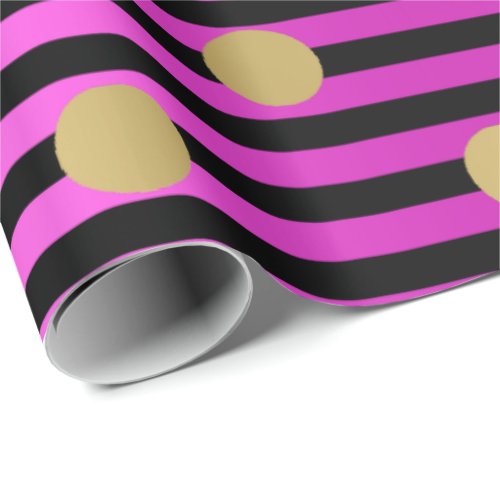 Stripes Line Fuchsia Pink Black Polka Dots Gold Wrapping Paper