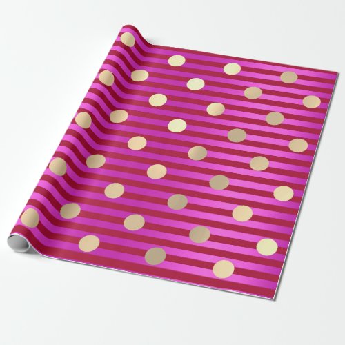 Stripes Line Fuchsia Pink Red Ruby Polka Dots Gold Wrapping Paper