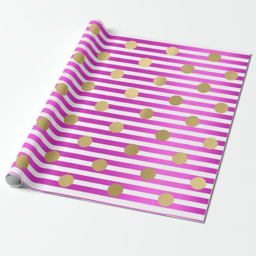 Stripes Line Fuchsia Pink White Polka Dots Gold Wrapping Paper