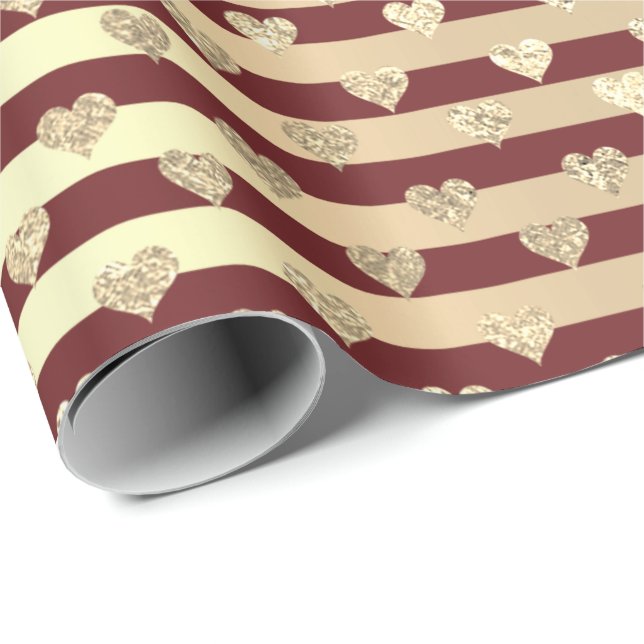 Stripes Line Heart Champaigne Gold Burgundy Maroon Wrapping Paper (Roll Corner)