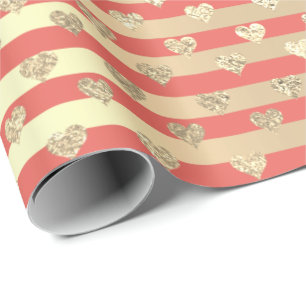 Stripes Lines Hearts Champaigne Gold Coral Peach Wrapping Paper