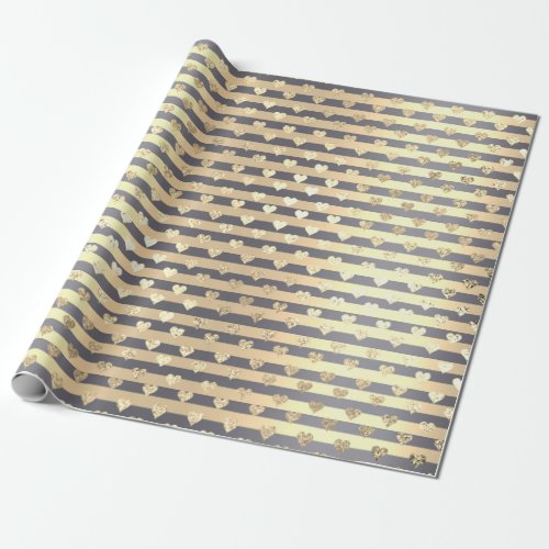 Stripes Lines Hearts Champaigne Gold Gray Graphite Wrapping Paper