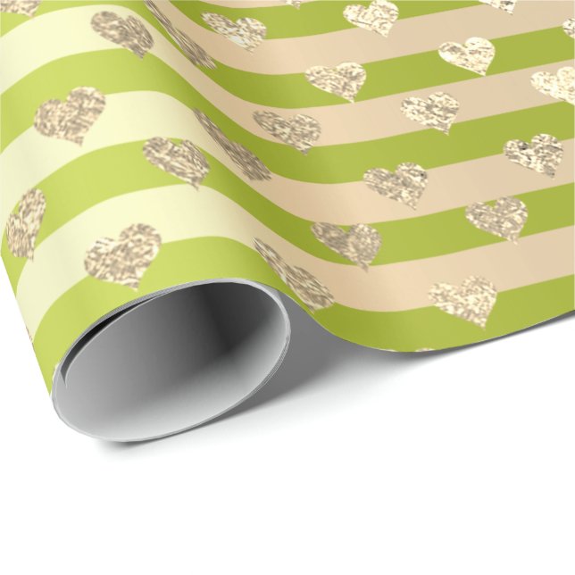 Stripes Lines Hearts Champaigne Gold Lime Green Wrapping Paper (Roll Corner)