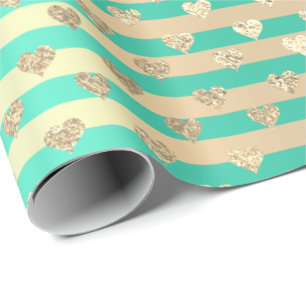 Stripes Lines Hearts Champaigne Gold Mint Wrapping Paper