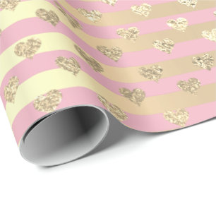 Stripes Lines Hearts Champaigne Gold Pink Pastel Wrapping Paper