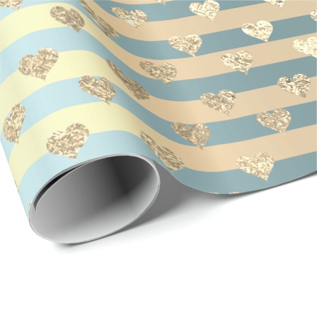 Stripes Lines Hearts Champaigne Gold Tiffany Aqua Wrapping Paper (Roll Corner)