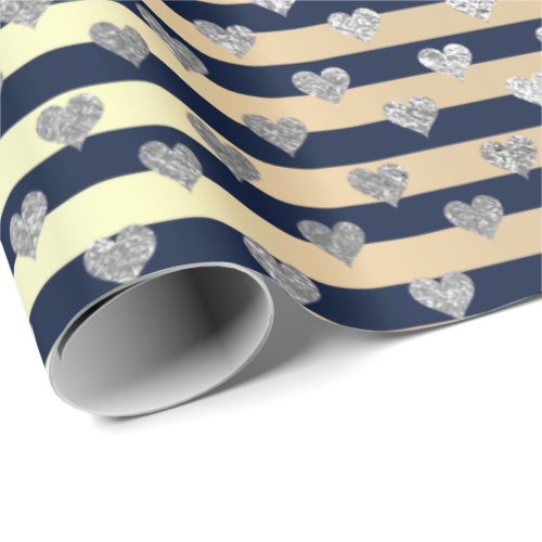 Stripes Lines  Minimal Silver Heart Gold Blue Navy Wrapping Paper