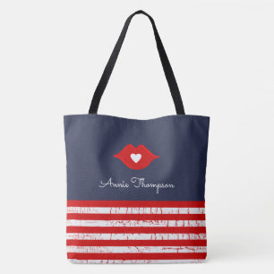 Stripes, lips & love heart stylish tote bag