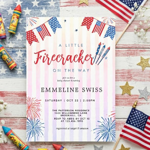 Stripes Little Firecracker 4th July Baby Shower Invitation