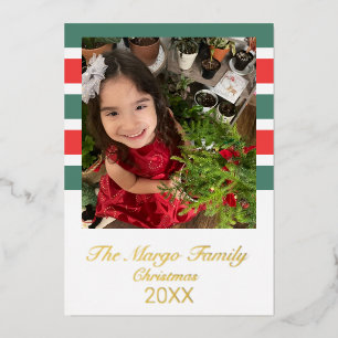 Stripes Merry Christmas Photo Pressed Foil Holiday Card