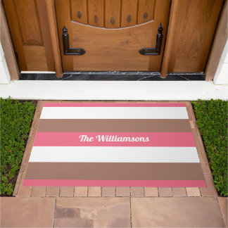 Stripes Mocha Brown Pink White Personalize Doormat