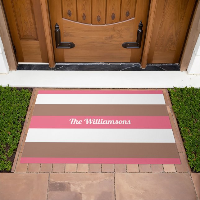 Stripes Mocha Brown Pink White Personalize Doormat (Outdoor)