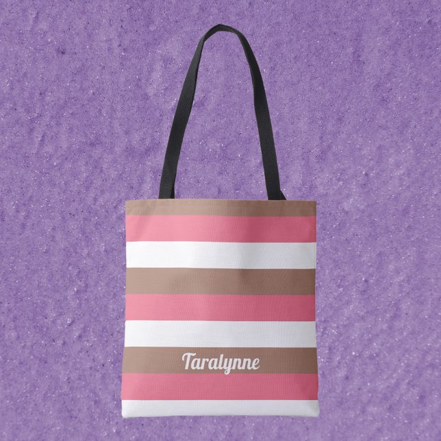Stripes Mocha Brown Pink White Personalize Tote Bag (A tote bag with pink, brown and white pattern with text you can customize!)