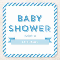 Stripes Modern Blue Baby Shower Square Paper Coaster