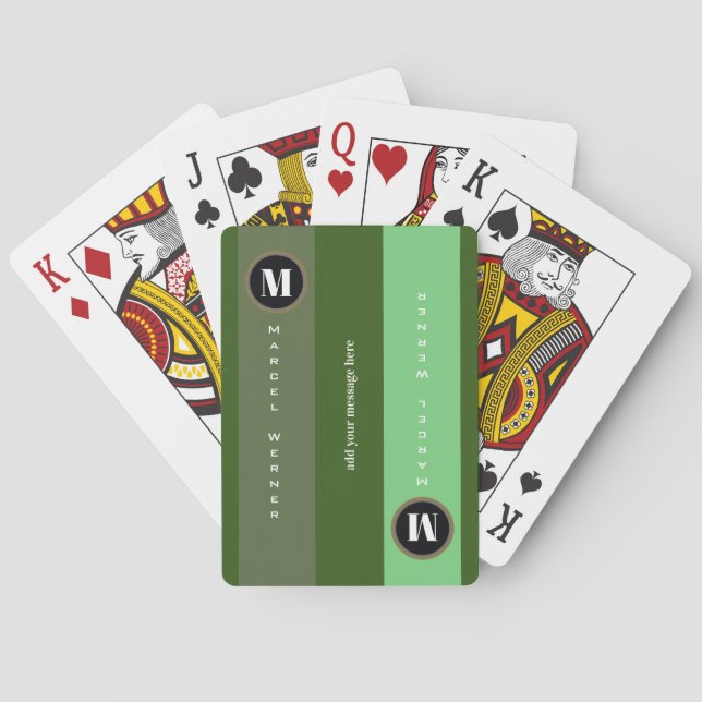 Stripes Modern green Monogrammed  Poker Cards (Back)