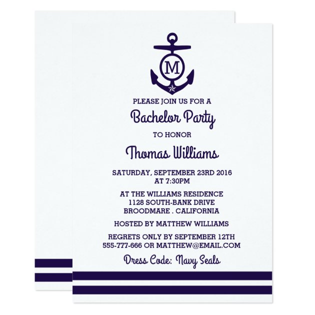Stripes & Monogram Anchor Nautical Bachelor Party Invitation