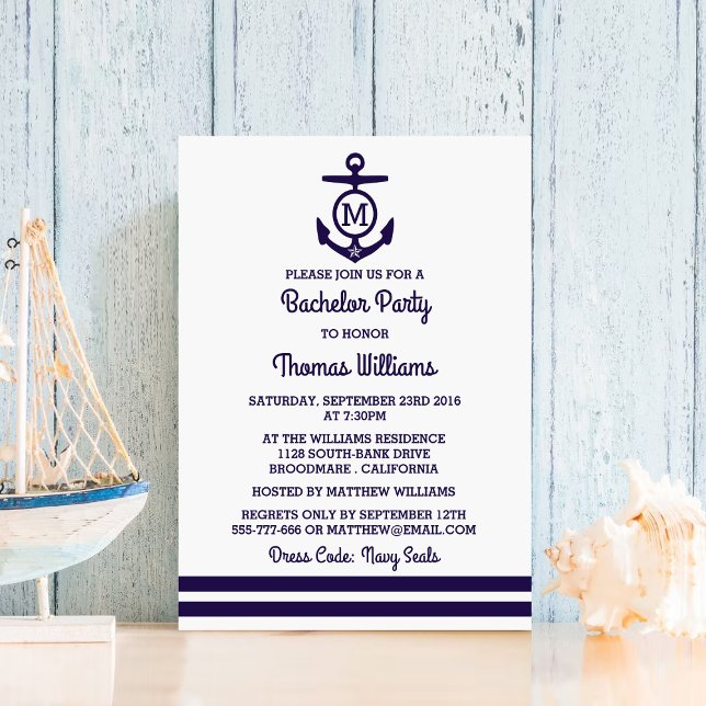 Stripes & Monogram Anchor Nautical Bachelor Party Invitation (Creator Uploaded)