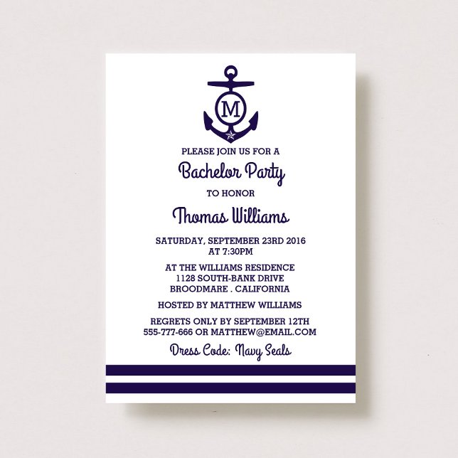 Stripes & Monogram Anchor Nautical Bachelor Party Invitation (Creator Uploaded)