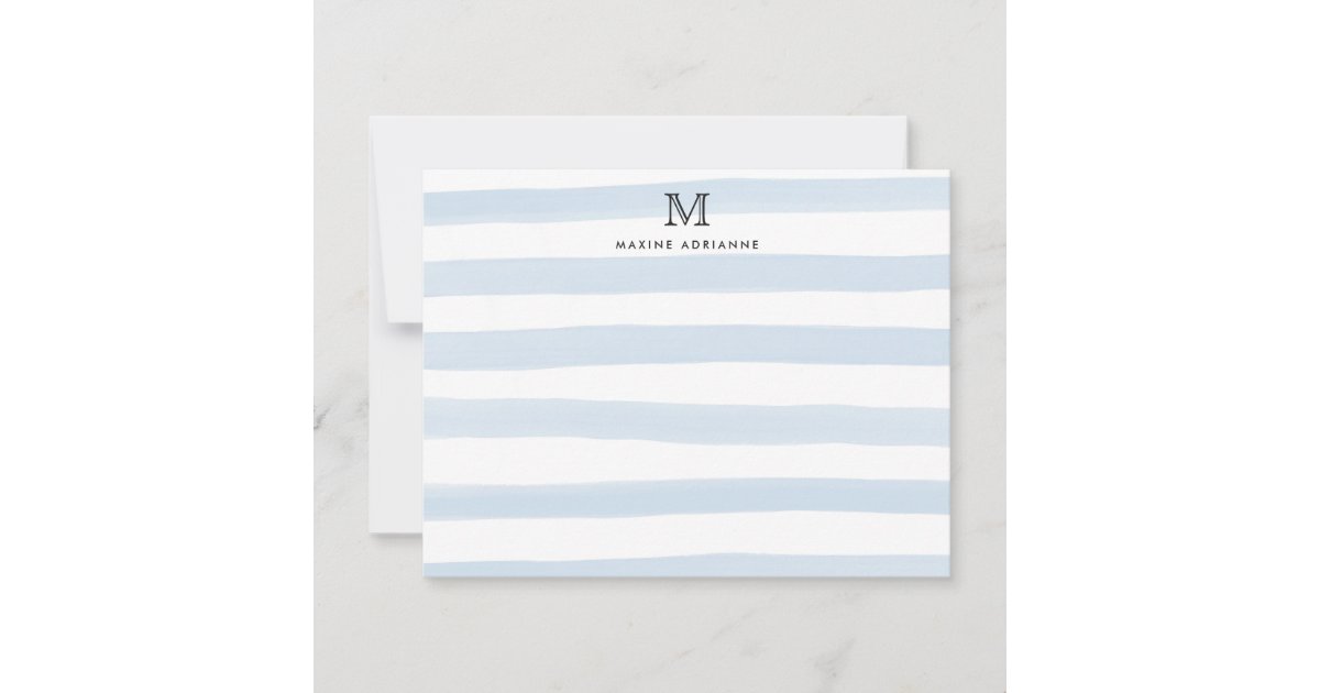 Stripes Monogram Baby Blue Watercolor Modern Chic Note Card | Zazzle