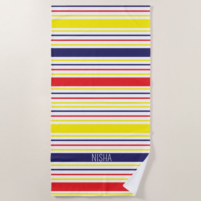 Stripes Monogram First Name Summer Vacation Beach Towel (Front)