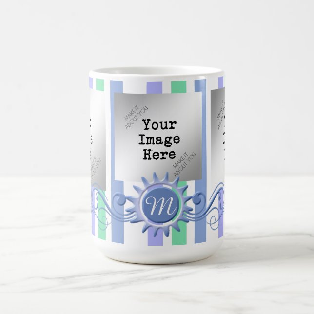 Stripes & Monogram Flourish-Teal/Mint Coffee Mug (Center)