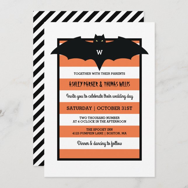 Stripes & Monogram | Orange Halloween Wedding Invitation (Front/Back)