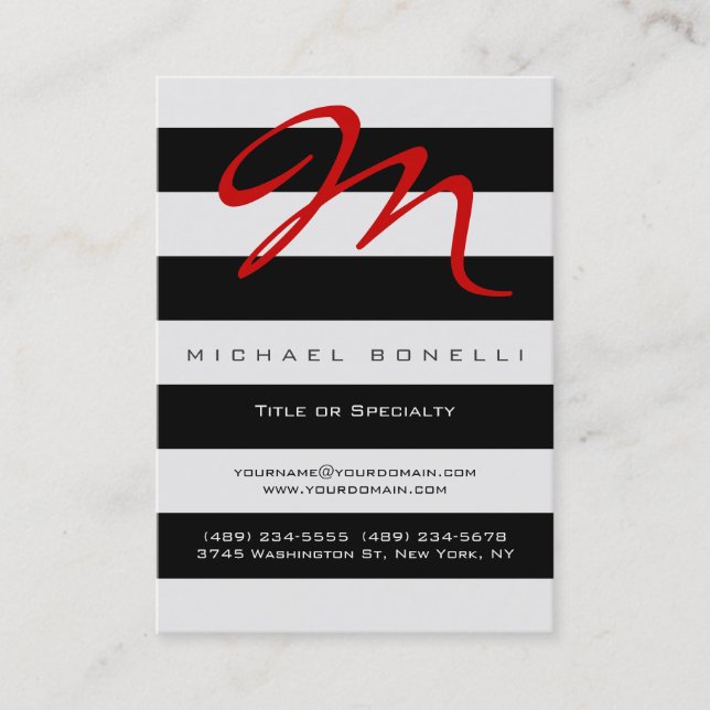 Stripes Monogram Red Calligraphy Business Card (Front)
