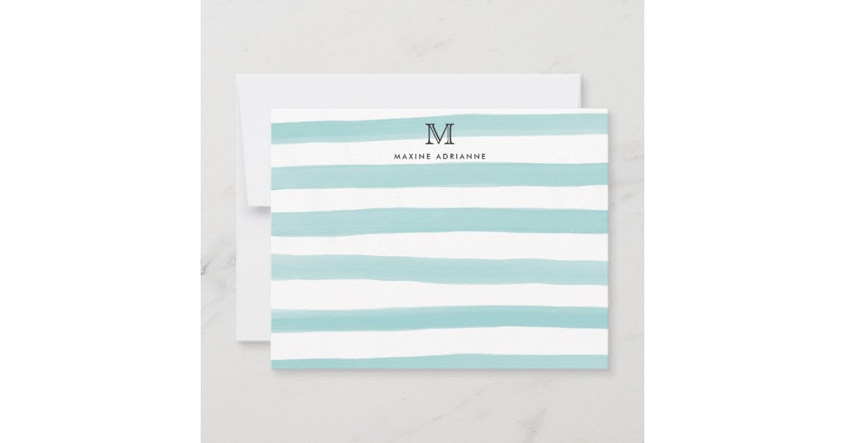 Stripes Monogram Teal Green Watercolor Modern Chic Note Card | Zazzle