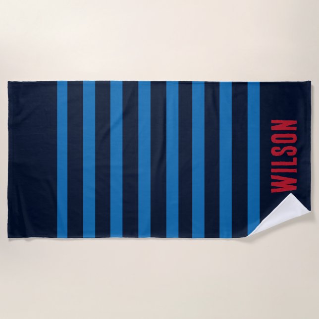 Stripes navy blue and red monogram name beach towel (Front)