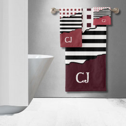 Stripes Net Black, White, Red Layered Initials Bath Towel Set