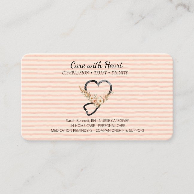 Stripes Nurse Caregiver Floral Stethoscope Business Card