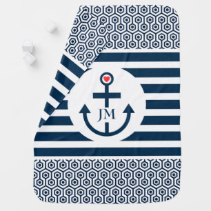 Stripes & Octagon Pattern Navy Blue Boat Anchor Swaddle Blanket