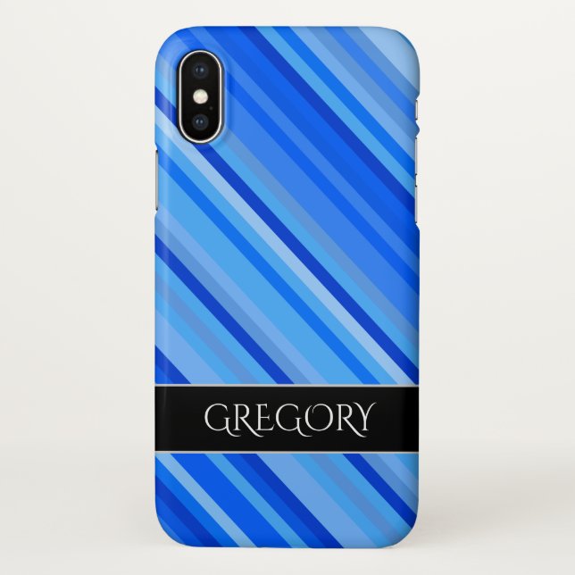 Stripes of Blue Pattern + Custom Name Phone Case (Back)