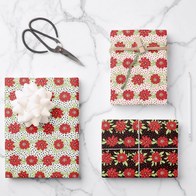 Stripes of Red Flowers Floral Wrapping Paper Sheets (Front)