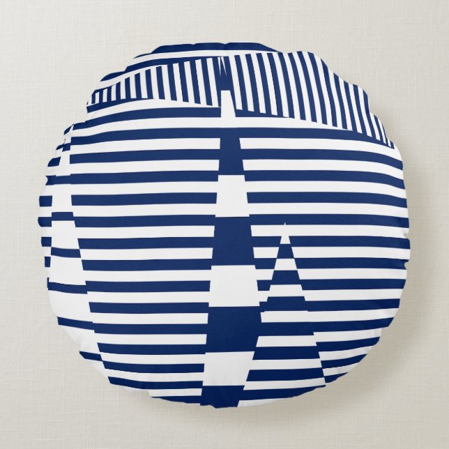 Stripes on Stripes in Blue and White Round Pillow (Front)
