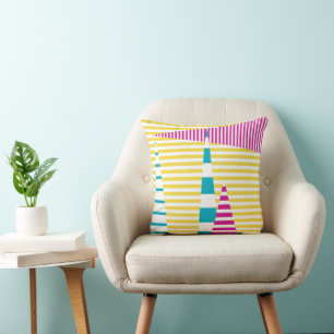 Stripes on Stripes - Turquoise, Yellow and Pink Throw Pillow