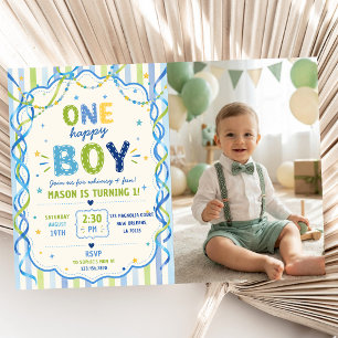 Stripes One Happy Boy Colorful Birthday Invitation