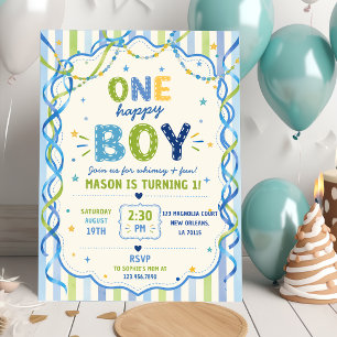 Stripes One Happy Boy Colorful Birthday Invitation