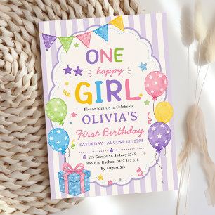 Stripes One Happy Girl Colorful Birthday Invitation