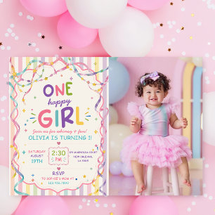 Stripes One Happy Girl Colorful Birthday Invitation