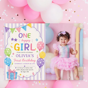 Stripes One Happy Girl Colorful Birthday Invitation