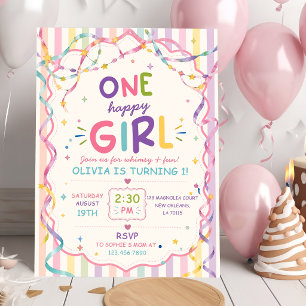 Stripes One Happy Girl Colorful Birthday Invitation