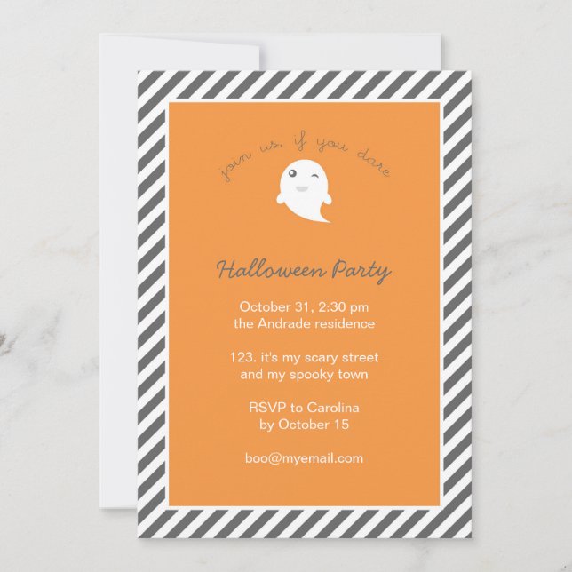 Stripes Orange Cute Ghost Kids Halloween Party Invitation (Front)