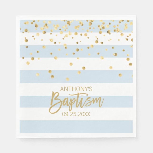 Stripes Pastel Blue Gold BOY BAPTISM Luncheon Napkins (Front)