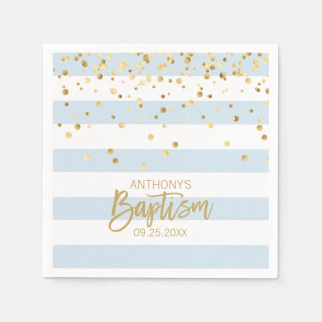 Stripes Pastel Blue Gold BOY BAPTISM Napkins (Front)