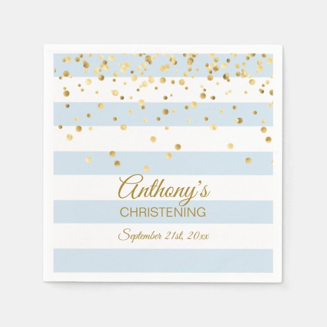 Stripes Pastel Blue Gold BOY CHRISTENING BAPTISM Napkins (Front)
